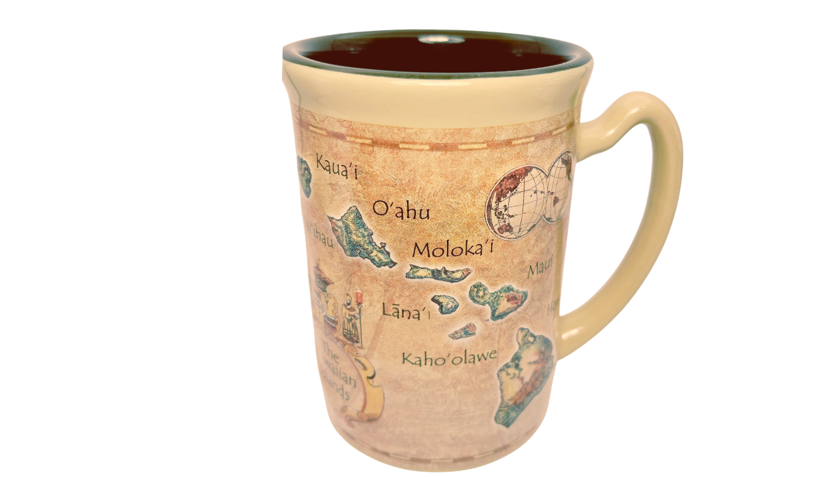 Angled Island Heritage Hawaii Map Mug revealing the dark brown interior, cream flared rim, labeled island artwork, and curved handle.