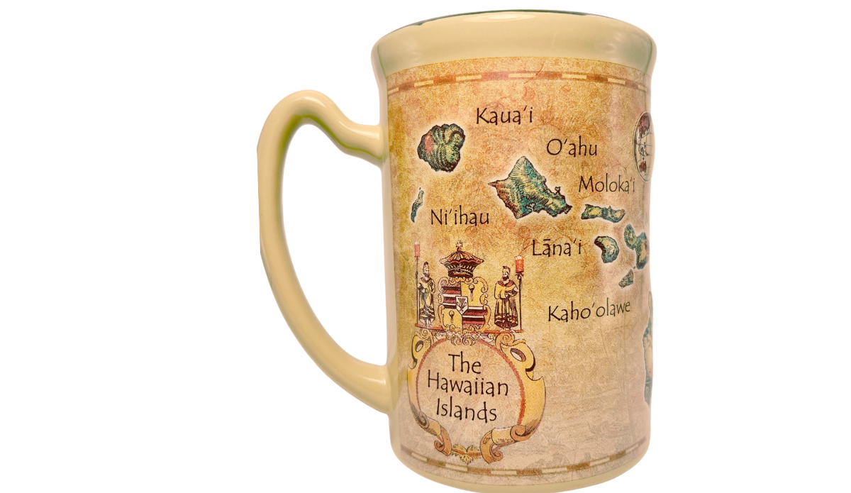 Island Heritage Hawaii Map Mug with left-facing cream handle, Hawaiian island names, colorful map artwork, and decorative scroll.