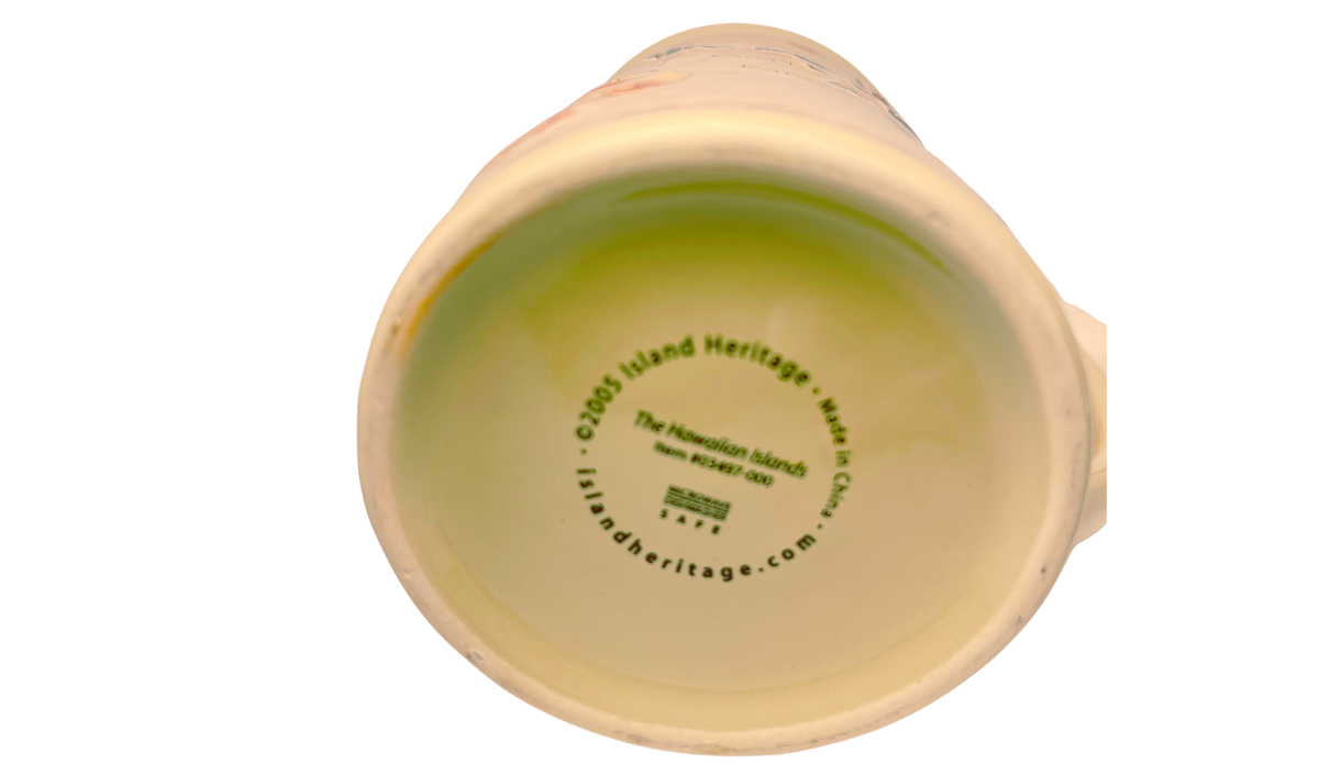 Underside of Island Heritage Hawaii Map Mug showing Island Heritage branding, 2003 copyright marking, and Made in China text.