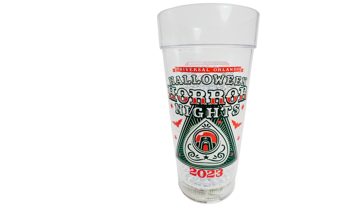 Back view of Halloween Horror Nights 2023 Cup showing event artwork through the clear acrylic body