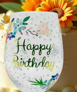 Happy Birthday Floral Stemless Wine Glass displayed beside a frosted birthday cake with orange and pink flowers in the background.