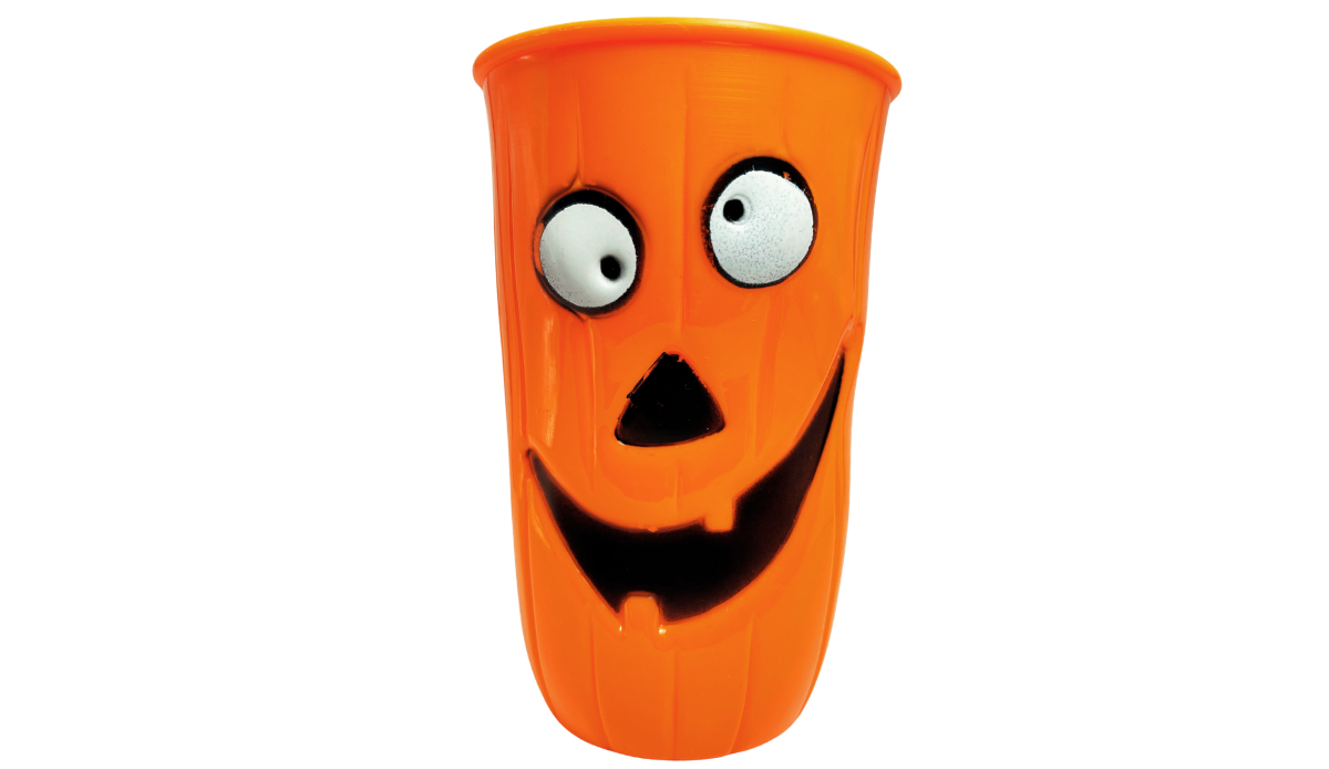3D Jack-O'-Lantern Halloween Cup with bright orange acrylic body, oversized eyes, triangular nose, and wide black smile