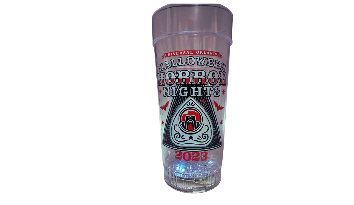 Halloween Horror Nights 2023 Cup with blue illuminated light up base