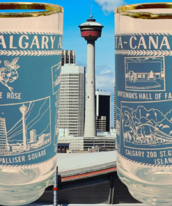 Vintage Calgary Alberta Beer Mug displayed in two views against Calgary skyline with city tower and downtown buildings