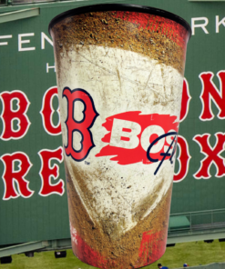 Boston Red Sox JetBlue Park Souvenir Cup displayed against Fenway Park Green Monster scoreboard with signature B logo facing forward.