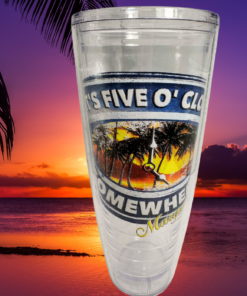 Margaritaville It's Five O'Clock Somewhere Sunset Tumbler displayed against a purple and orange tropical ocean sunset framed by black palm fronds.