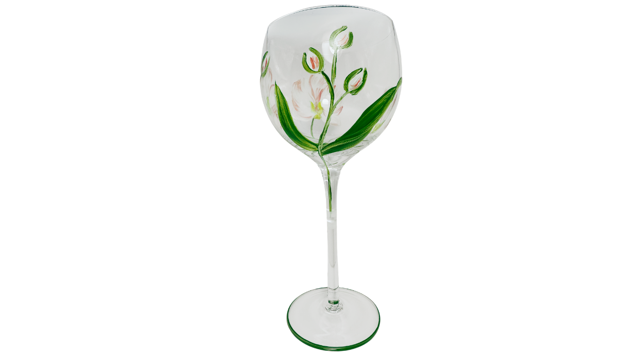 Hand Painted Peach Pink Flower Balloon Wine Glass opposite side view featuring slender green stems, unopened flower buds, pointed leaves, and soft peach blossoms.