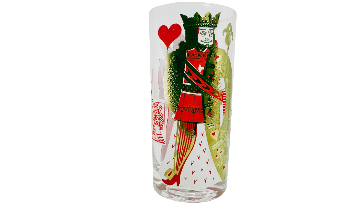 King of Hearts Playing Card Highball Glass front view featuring a crowned king, red heart symbol, and ornate green, red, and gold-toned artwork.