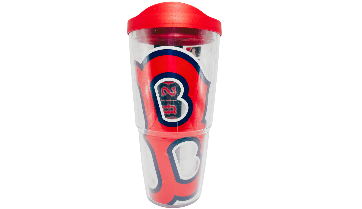 Boston Red Sox Tervis Travel Tumbler front view with oversized red B graphics, clear insulated body and red lid.