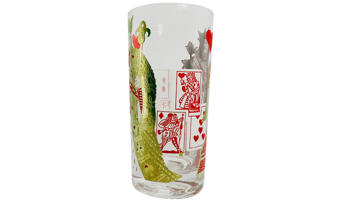 King of Hearts Playing Card Highball Glass right side view showing small red heart playing cards, illustrated court figures, and gold-toned royal artwork.