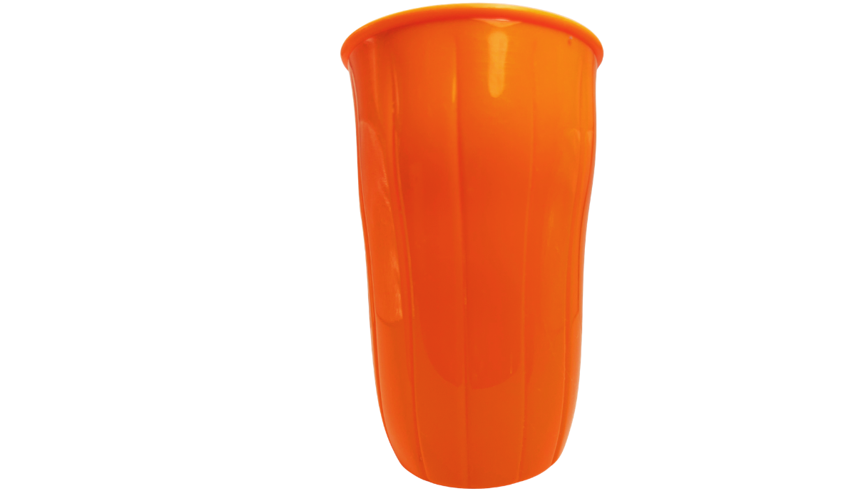 Back view of 3D Jack-O'-Lantern Halloween Cup showing bright orange acrylic body with vertical pumpkin ridges