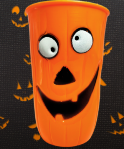 3D Jack-O'-Lantern Halloween Cup displayed against dark background filled with glowing pumpkin faces