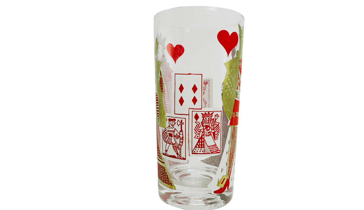 King of Hearts Playing Card Highball Glass middle view showing a four of diamonds, red court cards, heart symbols, and ornate royal artwork.