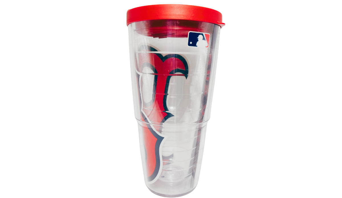 Boston Red Sox Tervis Travel Tumbler left side view showing oversized B artwork, MLB batter emblem and bright red lid.