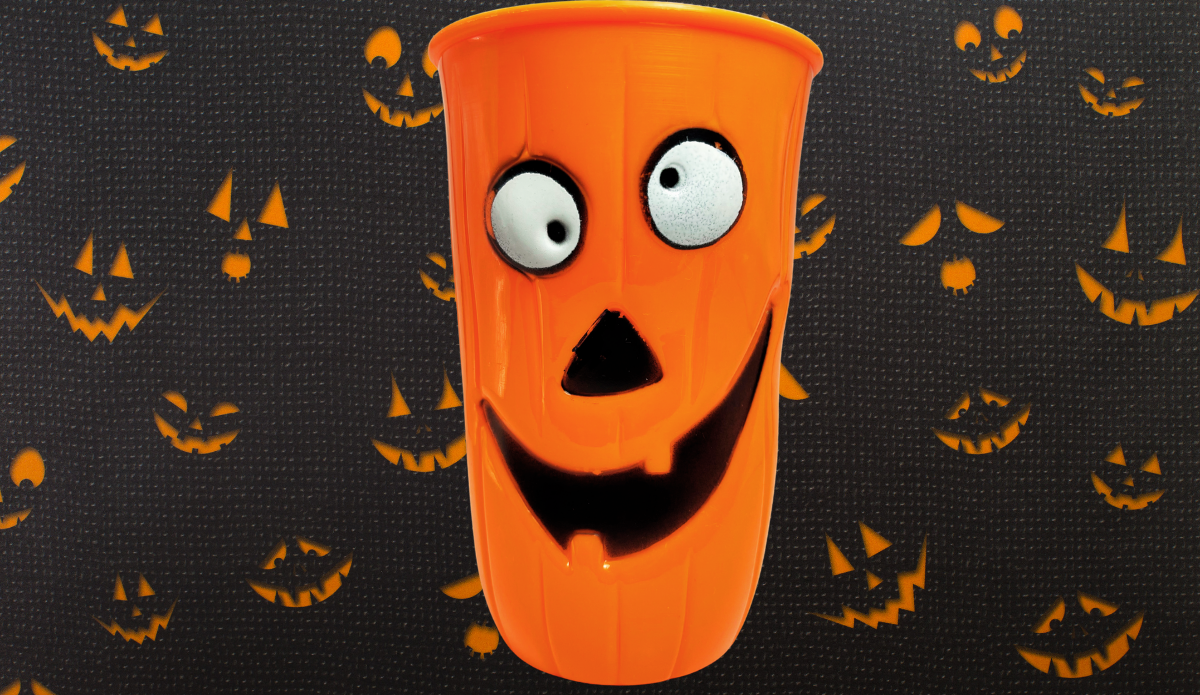 3D Jack-O'-Lantern Halloween Cup displayed against dark background filled with glowing pumpkin faces