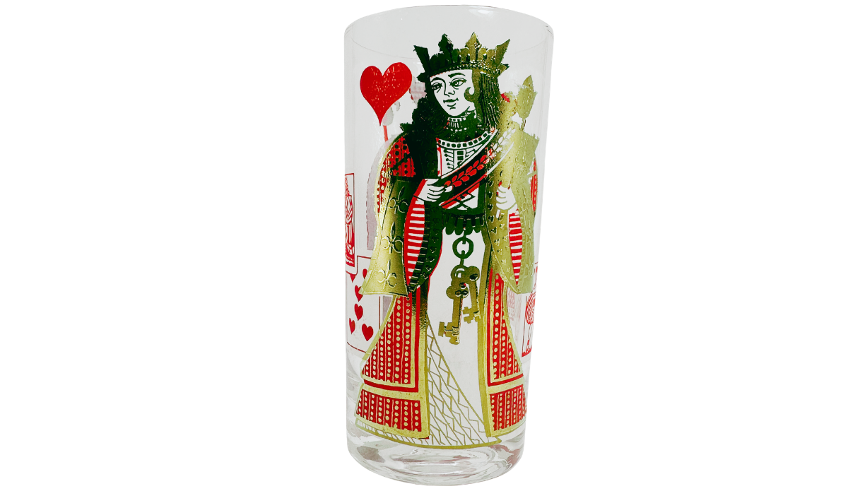 King of Hearts Playing Card Highball Glass back view featuring a second crowned king, decorative staff, hanging keys, and ornate green and red royal robes.