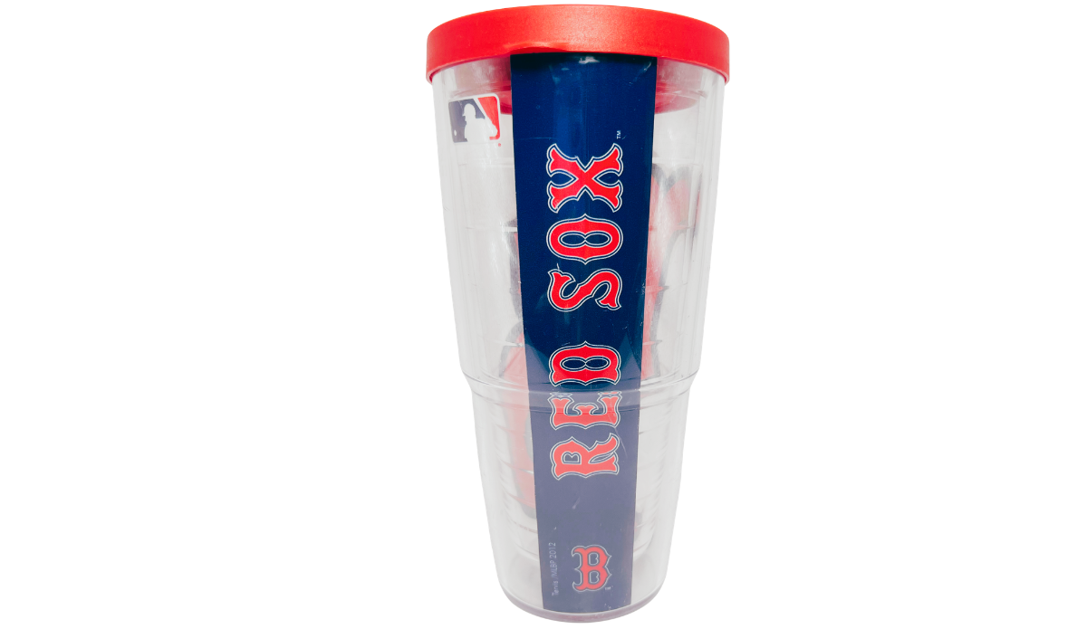 Boston Red Sox Tervis Travel Tumbler back view displaying vertical RED SOX lettering on a navy panel beneath a red lid.