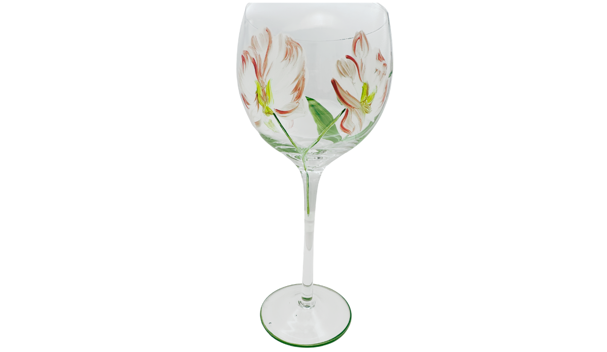 Hand Painted Peach Pink Flower Balloon Wine Glass featuring two creamy white blossoms with coral brushstrokes, green centers, and painted stems.