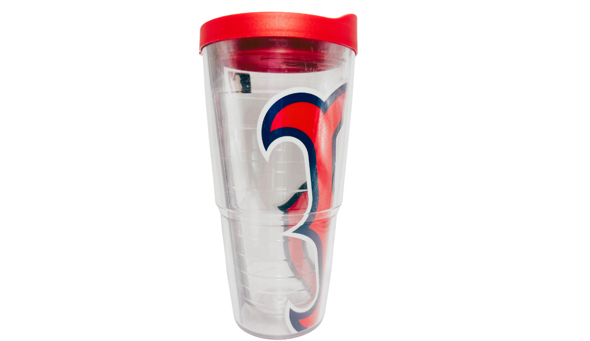 Boston Red Sox Tervis Travel Tumbler right side view showing the wraparound B design, clear body and red travel lid.