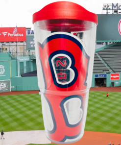 Boston Red Sox Tervis Travel Tumbler displayed against Fenway Park with Green Monster scoreboard and Red Sox signage.