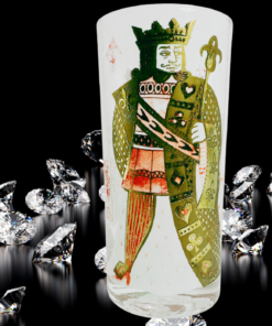 King of Diamonds Playing Card Highball Glass displayed among sparkling diamond-like gemstones on a glossy black surface.