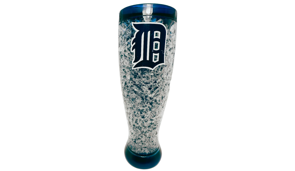 Detroit Tigers Crystal Freezer Pilsner front view with Old English D logo, refreezable crystals, and navy blue accents