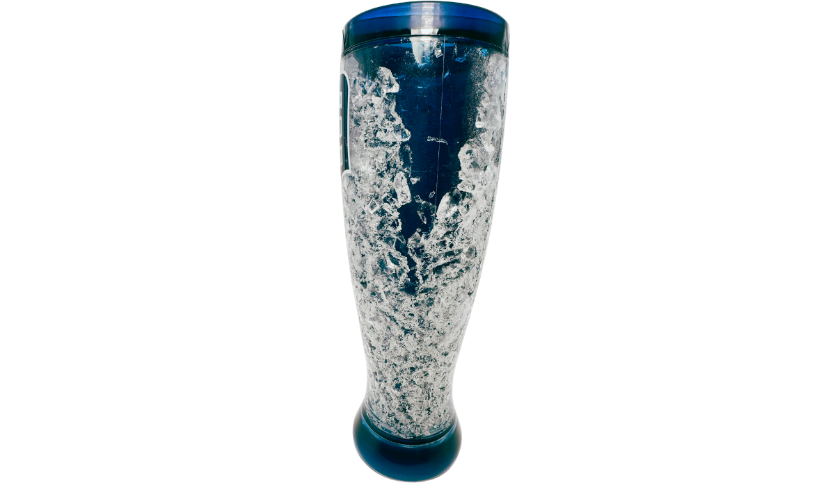 Detroit Tigers Crystal Freezer Pilsner left side view showing refreezable crystals, tapered body, and navy blue accents