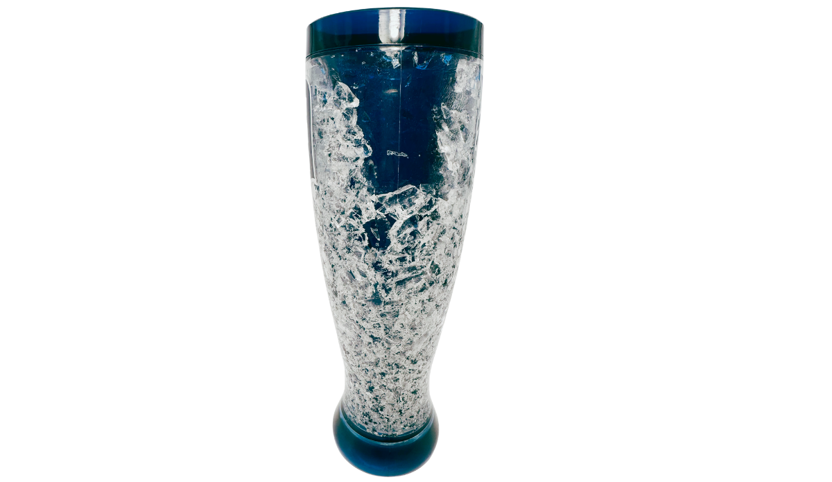 Detroit Tigers Crystal Freezer Pilsner right side view featuring icy crystals, clear acrylic construction, and navy blue base
