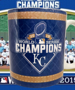 Kansas City Royals 2015 Champions Mug displayed against World Series championship team photograph and Royals commemorative graphics.