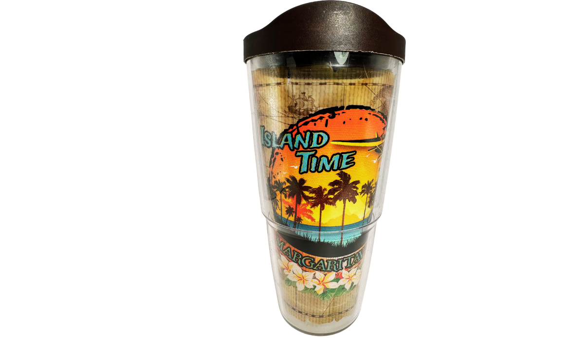 Tervis Margaritaville Island Time Tumbler With Lid front view showing tropical sunset, palm trees, Margaritaville lettering, and dark travel lid.