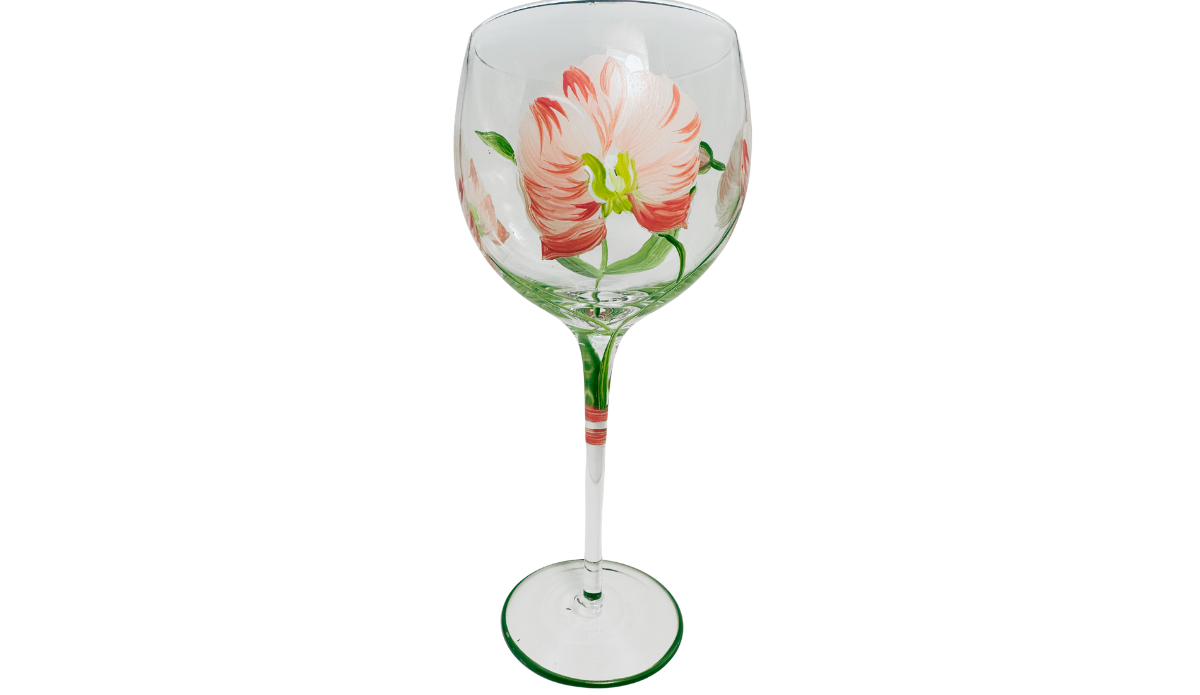 Hand Painted White Pink Flower Balloon Wine Glass front view featuring creamy white blossom with coral-red petal accents, green leaves, striped stem and green-edged foot.