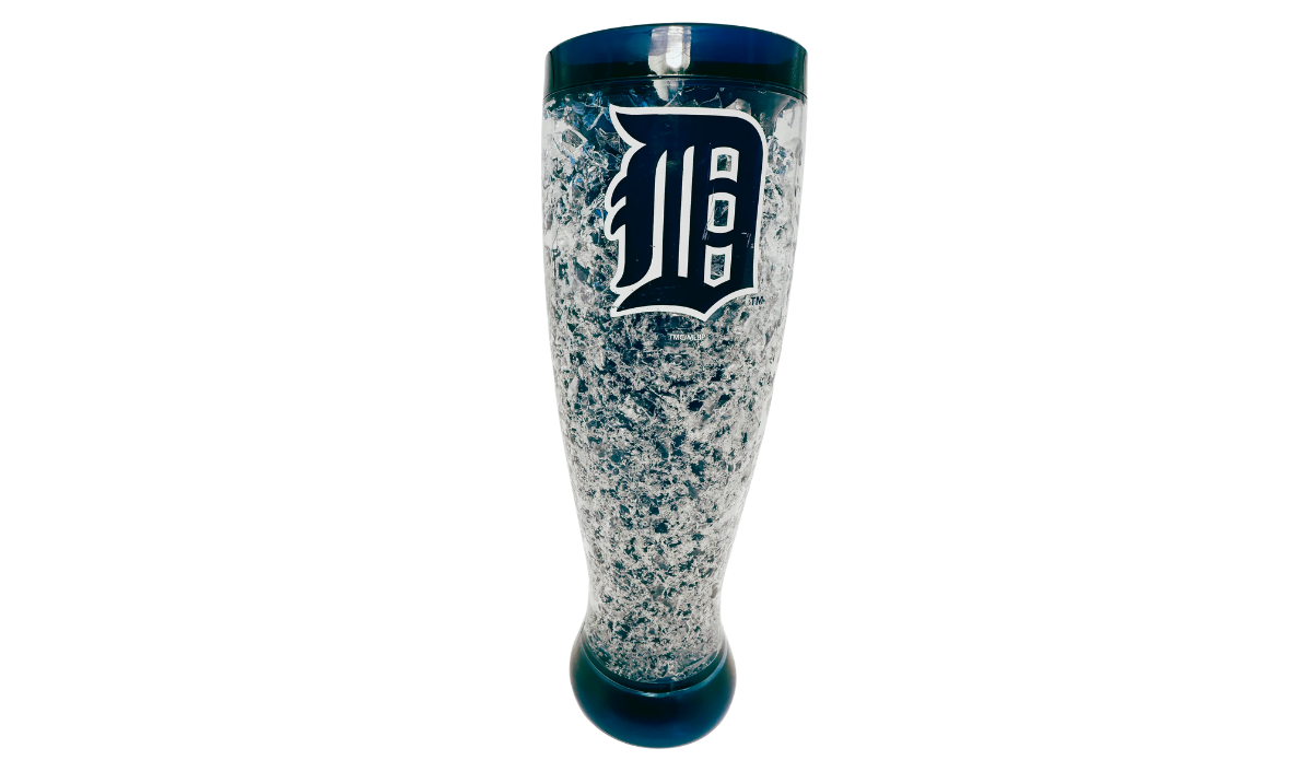 Detroit Tigers Crystal Freezer Pilsner back view featuring Old English D logo, sparkling refreezable crystals, and navy blue accents