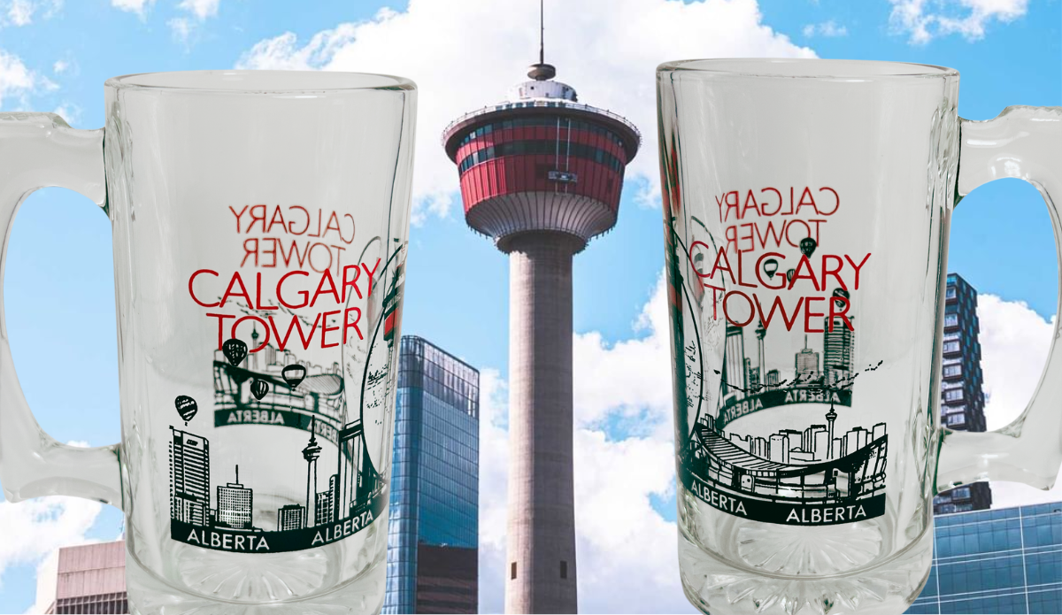 Calgary Tower Beer Mug lifestyle scene showing two glass mug views against Calgary Tower and downtown skyline