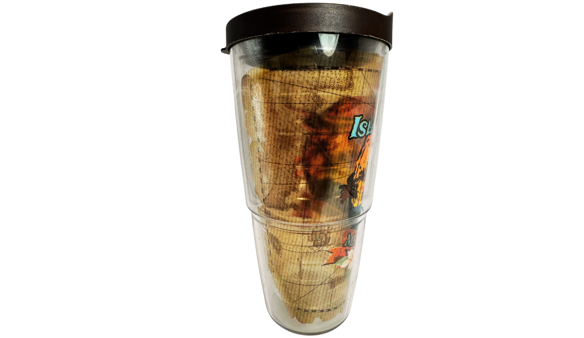 Middle view of Tervis Margaritaville Island Time Tumbler With Lid highlighting tan vintage map artwork, distressed details, and partial sunset graphic.