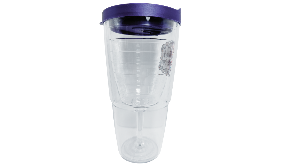 Tervis Mommy's Sippy Cup Tumbler With Lid alternate side view showing purple travel lid, transparent outer body and stemmed wine-glass interior.