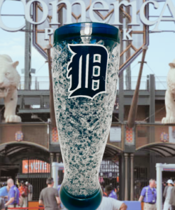 Detroit Tigers Crystal Freezer Pilsner displayed in front of Comerica Park entrance and iconic tiger statues