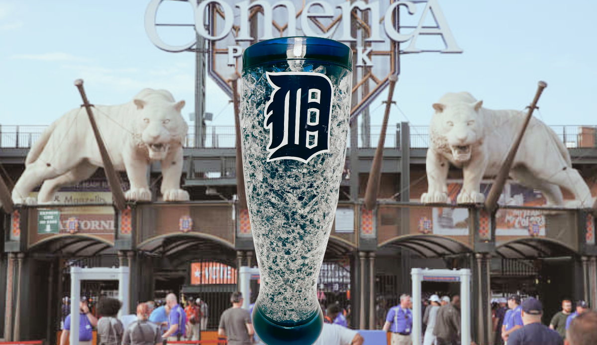 Detroit Tigers Crystal Freezer Pilsner displayed in front of Comerica Park entrance and iconic tiger statues