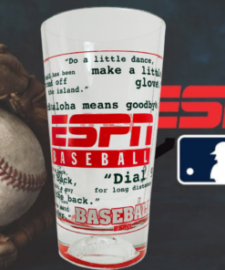 ESPN Baseball Pint Glass beside a brown leather baseball glove and white baseball, with red ESPN and MLB logos in the background.