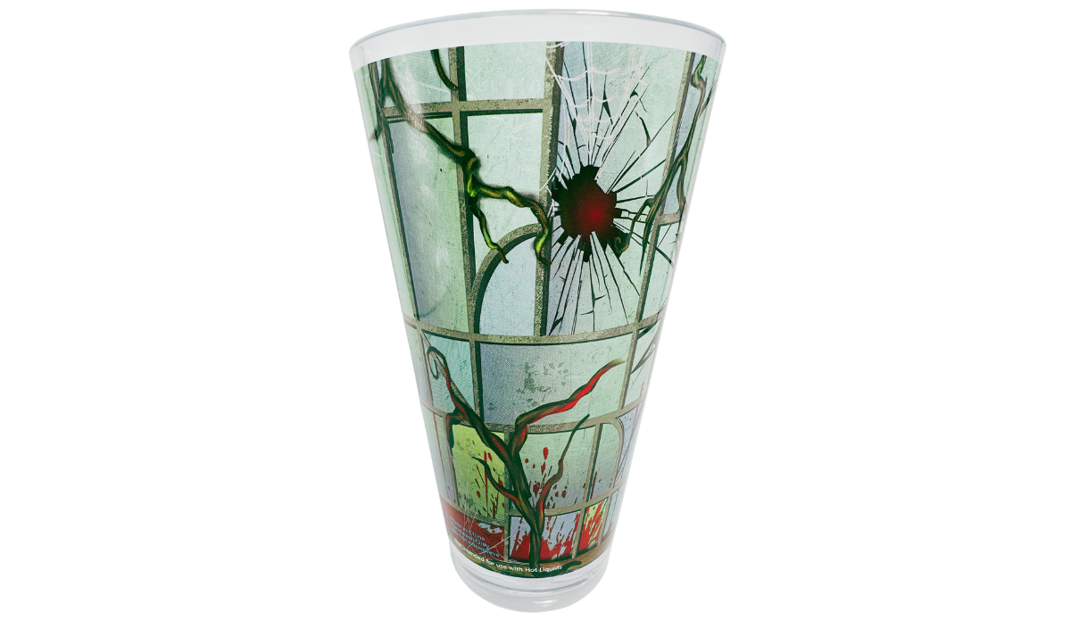 Right rear view of HHN 2025 Souvenir Cup with shattered glass pattern, twisted vines, and red splatter details