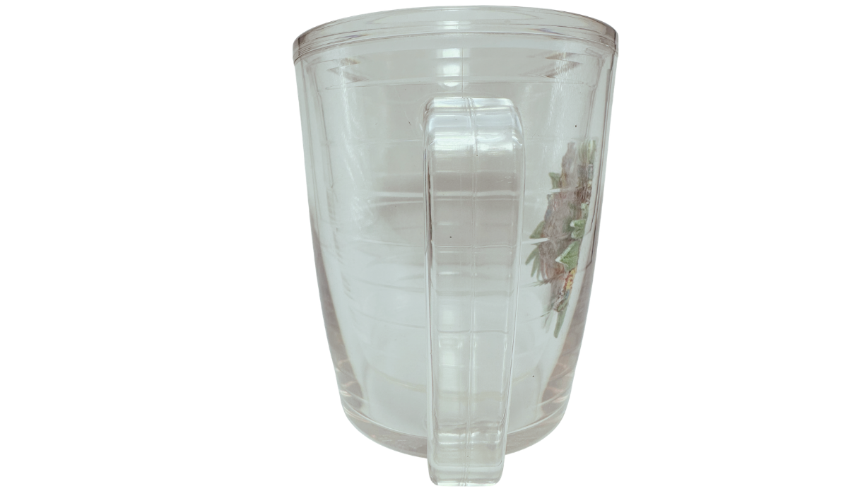 Handle view of Tervis Margaritaville Red Parrot Mug showing the wide transparent handle, double-wall insulated body, and partial tropical artwork.
