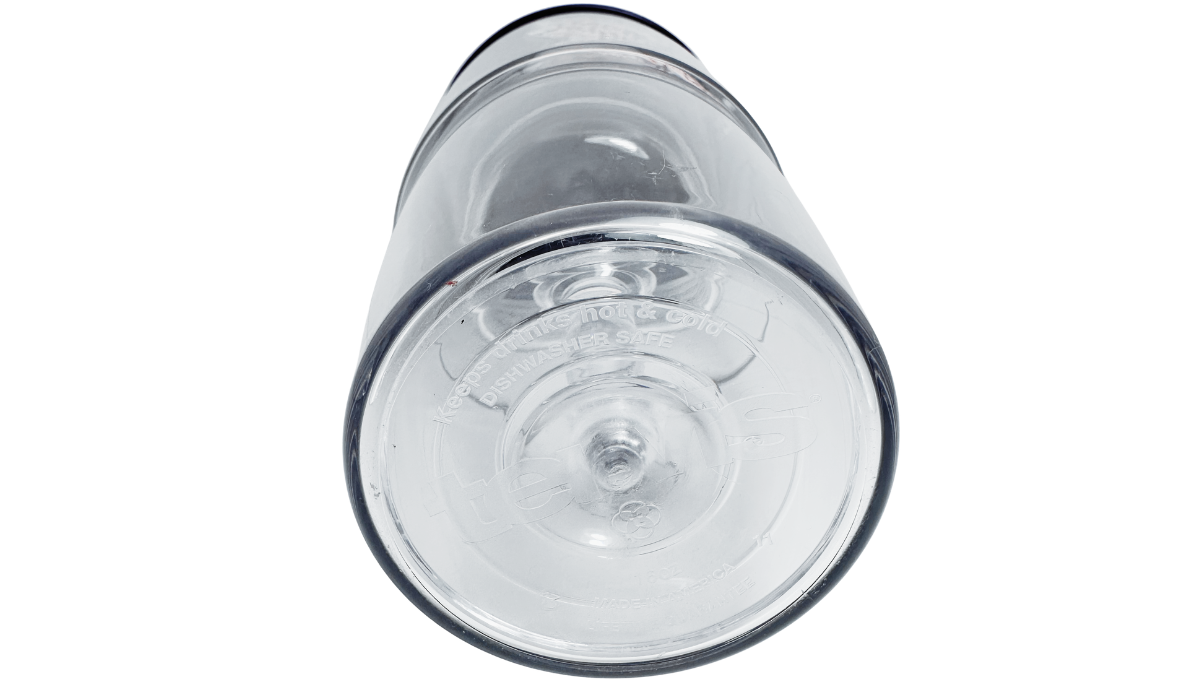 Tervis Mommy's Sippy Cup Tumbler bottom view showing molded Tervis branding, dishwasher-safe wording, hot and cold beverage markings and clear base.