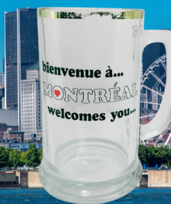 Vintage Montreal Beer Mug lifestyle scene against Montreal waterfront skyline and observation wheel