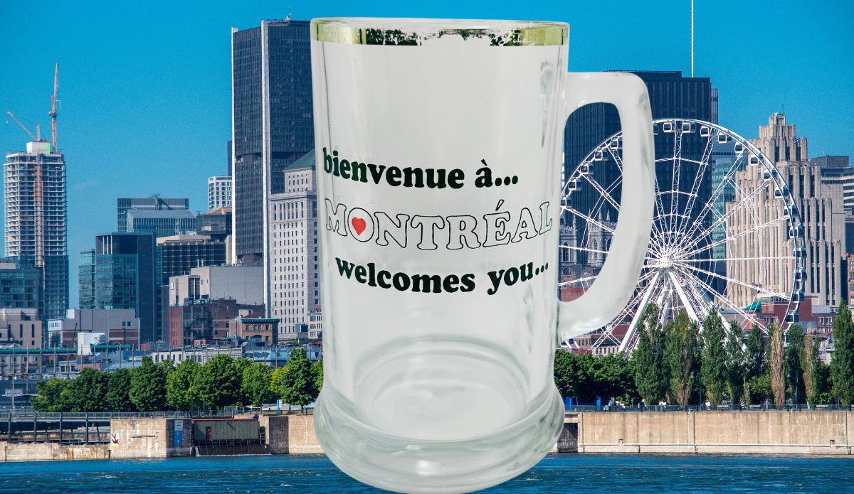 Vintage Montreal Beer Mug lifestyle scene against Montreal waterfront skyline and observation wheel