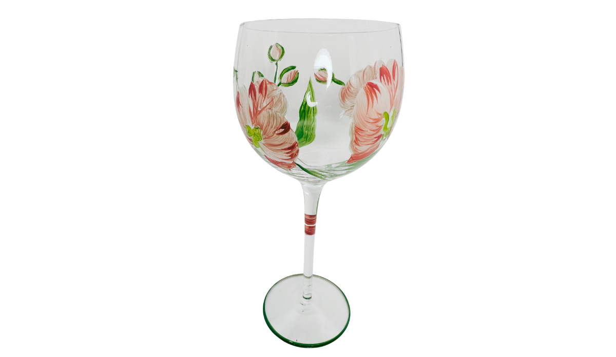 Hand Painted White Pink Flower Balloon Wine Glass showing two large creamy white flowers with coral-red accents, green flower buds, pointed leaves and painted stem.