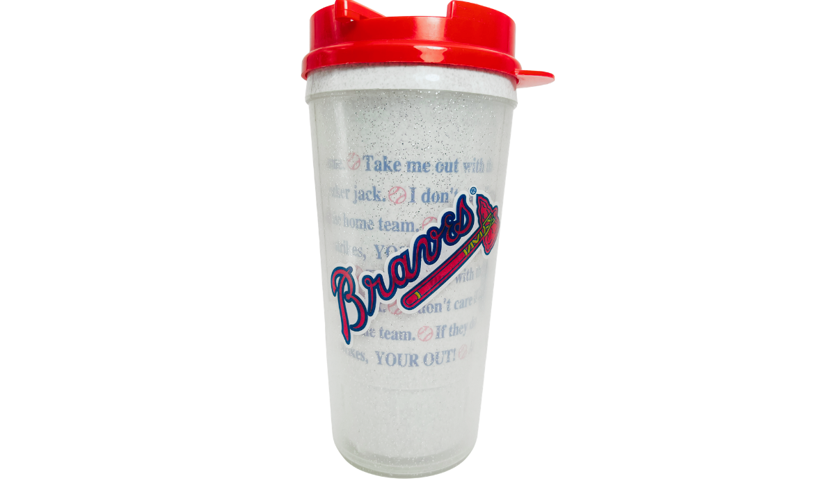 Atlanta Braves Baseball Lyrics Tumbler front view with red lid, Braves script logo, baseball song lettering and speckled body.