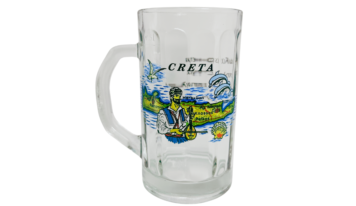 Crete Greece Beer Mug front view with colorful island map, traditional Cretan figure, dolphins, seabird, and seashell