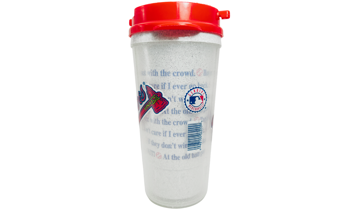 Atlanta Braves Baseball Lyrics Tumbler left side view showing official merchandise emblem, barcode, song lyrics and red lid.
