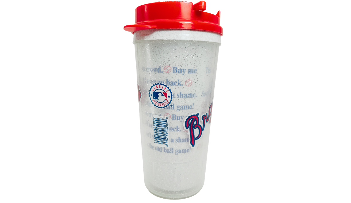 Atlanta Braves Baseball Lyrics Tumbler back view with official merchandise emblem, vertical barcode, baseball lettering and red lid.