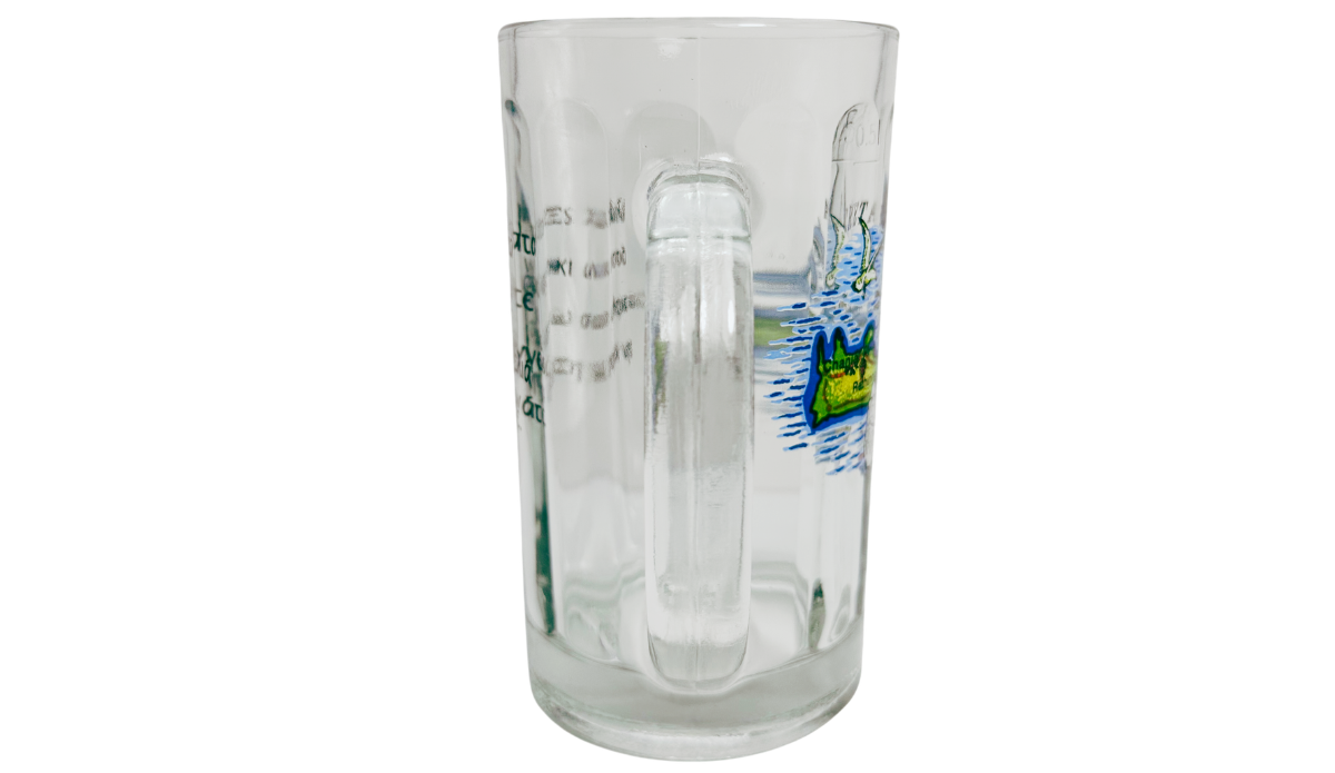 Crete Greece Beer Mug handle view with large clear glass handle, Greek lettering, and partial island map artwork