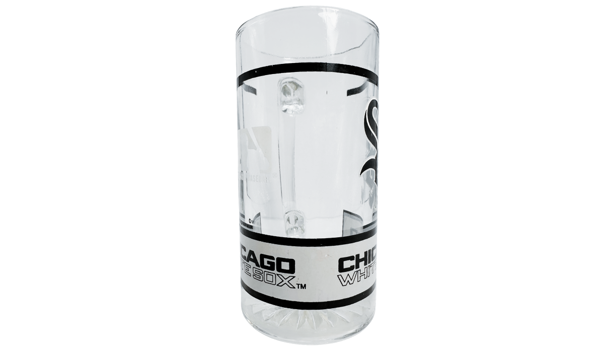 Vintage Chicago White Sox Beer Mug middle view showing wraparound black team lettering, transparent glass body and molded decorative base.
